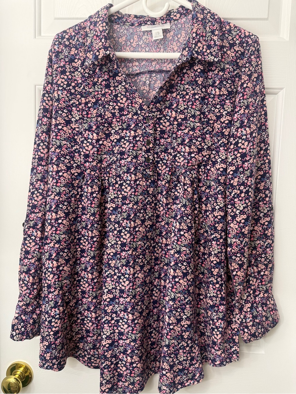 Motherhood Maternity Navy Floral Button-Front Top with Pink Accents